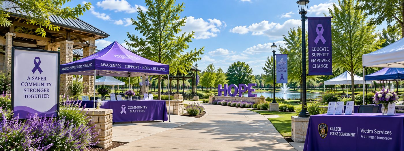 Event day setup with purple partner tents, resource tables and large HOPE letters beside the lake