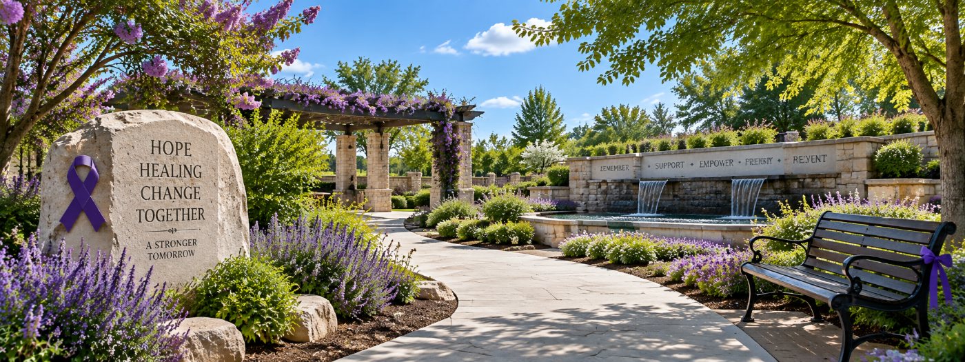 A memorial garden stone reading Hope, Healing, Change, Together beside a fountain and lavender beds